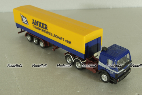 Mercedes SK 2435 tractor with semi trailer Anker, blue/yellow, Herpa 1:87