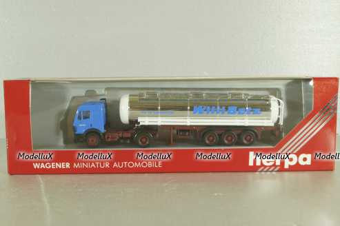 Mercedes SK 1735 LS tractor with semi-trailer tank "Willi Betz" 1989, blue/chrome, 826110, Herpa 1:87 