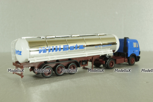 Mercedes SK 1735 LS tractor with semi-trailer tank "Willi Betz" 1989, blue/chrome, 826110, Herpa 1:87 