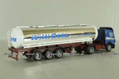 Mercedes SK 1850 LS tractor with semi-trailer tank "Willi Betz" 1994, blue/chrome, 826110, Herpa 1:87