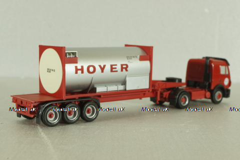 Mercedes SK 1850 tractor with semi trailer HOYER 1994, red, Herpa 1:87