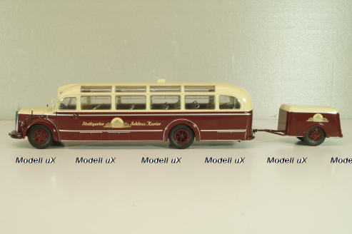 Mercedes-Benz O 6600 bus with trailer "Stuttgarter Sehloss Kurier" 1951 , red/cream, B66042533, Schuco 1:43