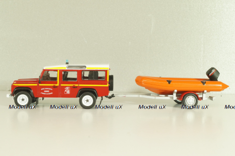 Land Rover Defender with boat on trailer SDIS Indre, Sapeurs-Pompiers №12, Altaya 1:43