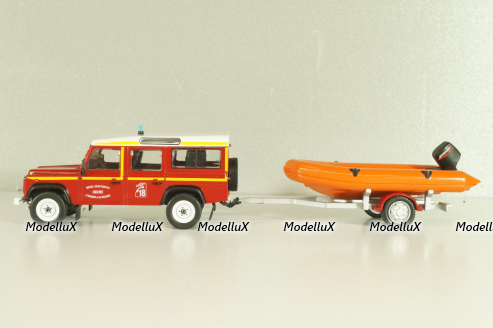 Land Rover Defender with boat on trailer SDIS Indre, Sapeurs-Pompiers №12, Altaya 1:43