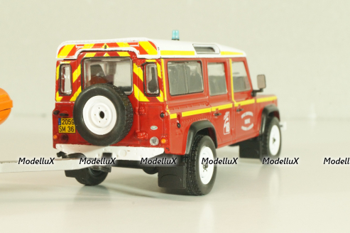 Land Rover Defender with boat on trailer SDIS Indre, Sapeurs-Pompiers №12, Altaya 1:43