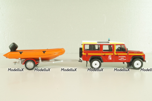 Land Rover Defender with boat on trailer SDIS Indre, Sapeurs-Pompiers №12, Altaya 1:43