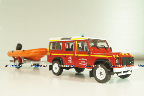 Land Rover Defender with boat on trailer SDIS Indre, Sapeurs-Pompiers №12, Altaya 1:43