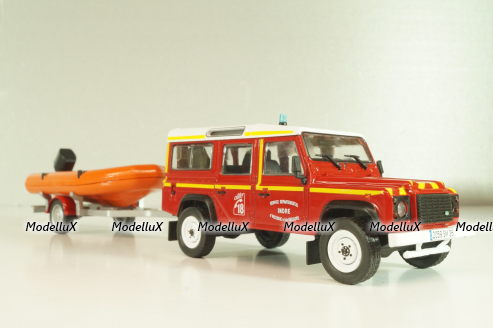 Land Rover Defender with boat on trailer SDIS Indre, Sapeurs-Pompiers №12, Altaya 1:43