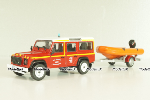 Land Rover Defender with boat on trailer SDIS Indre, Sapeurs-Pompiers №12, Altaya 1:43