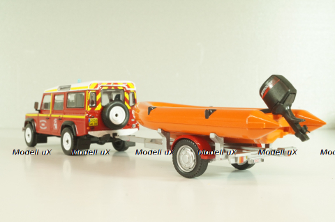 Land Rover Defender with boat on trailer SDIS Indre, Sapeurs-Pompiers №12, Altaya 1:43