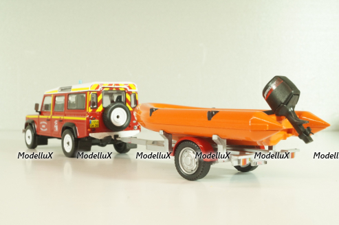Land Rover Defender with boat on trailer SDIS Indre, Sapeurs-Pompiers №12, Altaya 1:43
