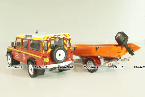 Land Rover Defender with boat on trailer SDIS Indre, Sapeurs-Pompiers №12, Altaya 1:43