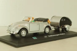 Volkswagen Beeatle with camping trailer and figuren, silver, Cararama 1:43 