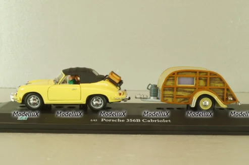 Porsche 356B Cabriolet with camping trailer and figuren, yellow, Cararama 1:43