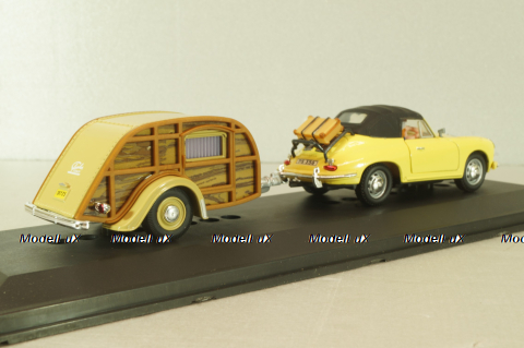 Porsche 356B Cabriolet with camping trailer and figuren, yellow, Cararama 1:43