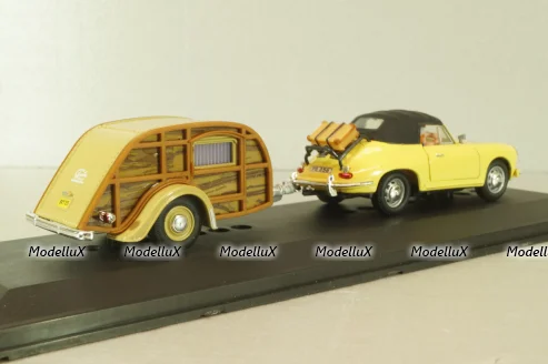 Porsche 356B Cabriolet with camping trailer and figuren, yellow, Cararama 1:43