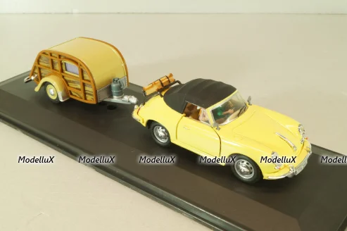 Porsche 356B Cabriolet with camping trailer and figuren, yellow, Cararama 1:43