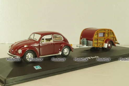 Volkswagen Beeatle with camping trailer, dark red, Cararama 1:43