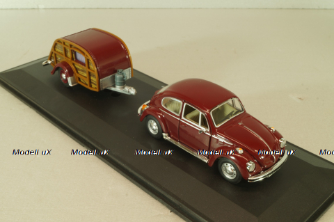 Volkswagen Beeatle with camping trailer, dark red, Cararama 1:43