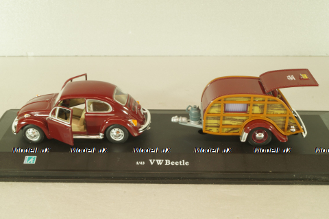 Volkswagen Beeatle with camping trailer, dark red, Cararama 1:43
