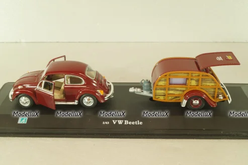Volkswagen Beeatle with camping trailer, dark red, Cararama 1:43