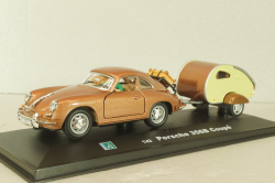 Porsche 356B Coupe with camping trailer and figuren, brown, Cararama 1:43