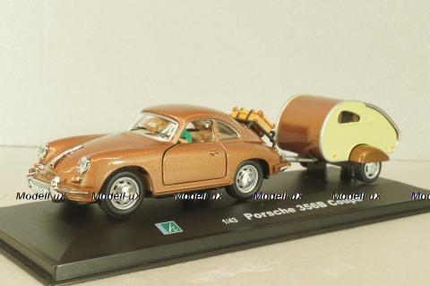 Porsche 356B Coupe with camping trailer and figuren, brown, Cararama 1:43
