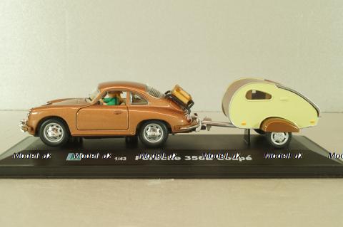 Porsche 356B Coupe with camping trailer and figuren, brown, Cararama 1:43