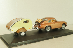 Porsche 356B Coupe with camping trailer and figuren, brown, Cararama 1:43