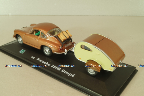 Porsche 356B Coupe with camping trailer and figuren, brown, Cararama 1:43