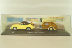 Porsche 356B Cabriolet with camping trailer and figuren, yellow, Cararama 1:43