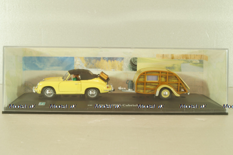 Porsche 356B Cabriolet with camping trailer and figuren, yellow, Cararama 1:43