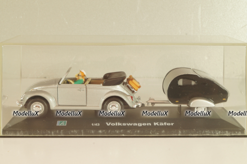 Volkswagen Beeatle with camping trailer and figuren, silver, Cararama 1:43