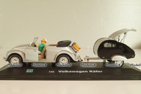 Volkswagen Beeatle with camping trailer and figuren, silver, Cararama 1:43