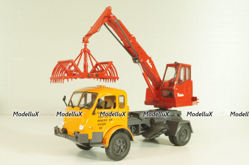 Saviem 4x4 truck with a hydraulic excavator "Poclain" 1957, orange/red, Les Plus Mythiques Saviem #3, Deagostini 1:43