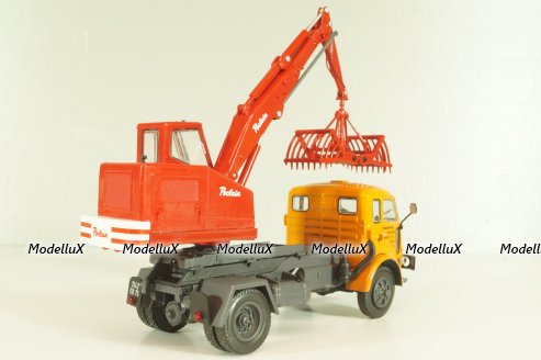 Saviem 4x4 truck with a hydraulic excavator "Poclain" 1957, orange/red, Les Plus Mythiques Saviem #3, Deagostini 1:43