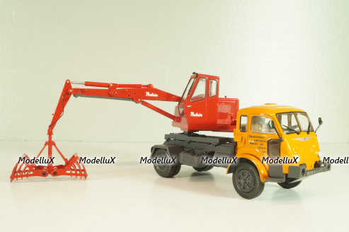 Saviem 4x4 truck with a hydraulic excavator "Poclain" 1957, orange/red, Les Plus Mythiques Saviem #3, Deagostini 1:43