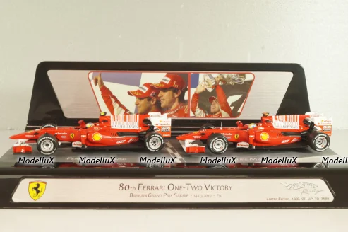 Ferrari F10 F.Alonso and F.Massa 2010 (80th Bahrain GP One-Two Victory 14.03.2010), set of two car, V7423, Hot Wheels 1:43