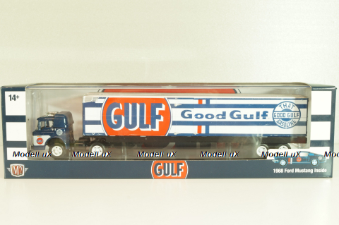 Ford C-600 truck with semi-trailer GULF 1970 and Ford Mustang Fastback 2+2 1968, grey, 36000, M2 1:64