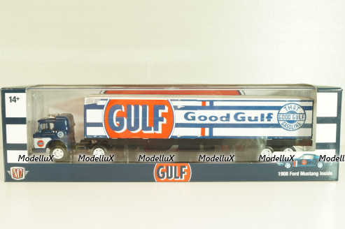 Ford C-600 truck with semi-trailer GULF 1970 and Ford Mustang Fastback 2+2 1968, grey, 36000, M2 1:64