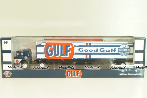 Ford C-600 truck with semi-trailer GULF 1970 and Ford Mustang Fastback 2+2 1968, grey, 36000, M2 1:64