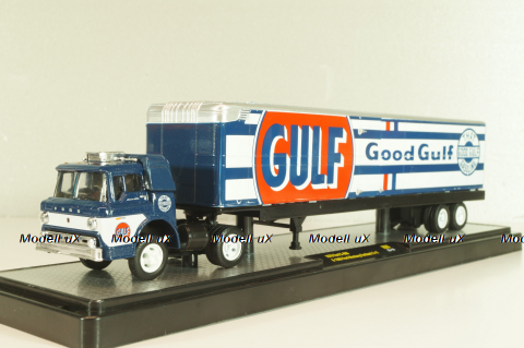 Ford C-600 truck with semi-trailer GULF 1970 and Ford Mustang Fastback 2+2 1968, grey, 36000, M2 1:64