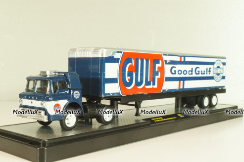 Ford C-600 truck with semi-trailer GULF 1970 and Ford Mustang Fastback 2+2 1968, grey, 36000, M2 1:64