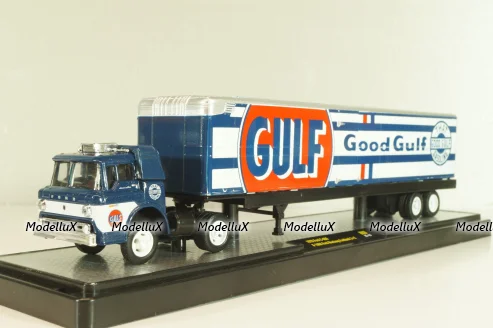 Ford C-600 truck with semi-trailer GULF 1970 and Ford Mustang Fastback 2+2 1968, grey, 36000, M2 1:64