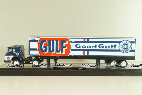 Ford C-600 truck with semi-trailer GULF 1970 and Ford Mustang Fastback 2+2 1968, grey, 36000, M2 1:64