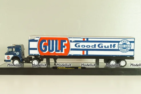 Ford C-600 truck with semi-trailer GULF 1970 and Ford Mustang Fastback 2+2 1968, grey, 36000, M2 1:64