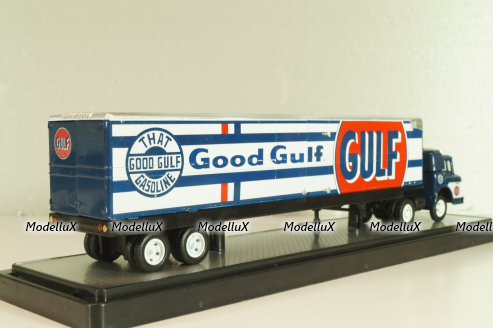 Ford C-600 truck with semi-trailer GULF 1970 and Ford Mustang Fastback 2+2 1968, grey, 36000, M2 1:64