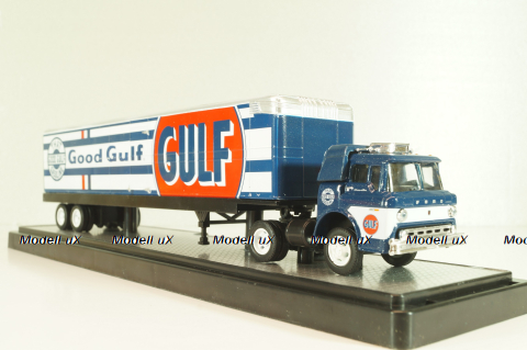 Ford C-600 truck with semi-trailer GULF 1970 and Ford Mustang Fastback 2+2 1968, grey, 36000, M2 1:64