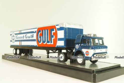 Ford C-600 truck with semi-trailer GULF 1970 and Ford Mustang Fastback 2+2 1968, grey, 36000, M2 1:64