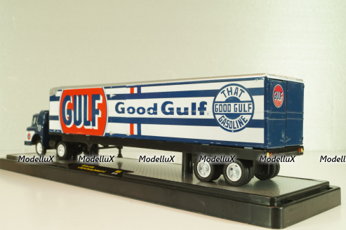 Ford C-600 truck with semi-trailer GULF 1970 and Ford Mustang Fastback 2+2 1968, grey, 36000, M2 1:64